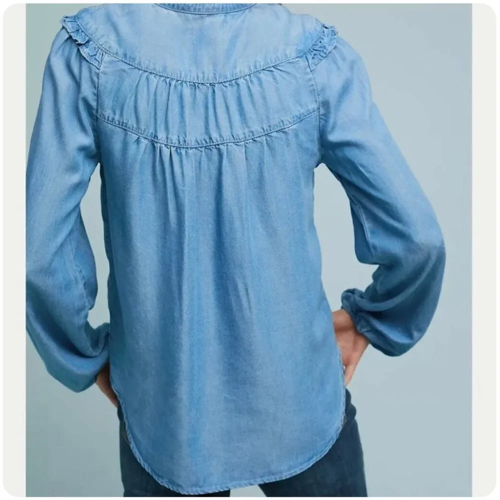 Anthropologie Maeve Chambray Ruffle Long Sleeve Top - Picture 3 of 15